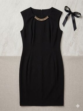 Calvin Klein Black Midi Sheath Dress with Gold Chain Accent